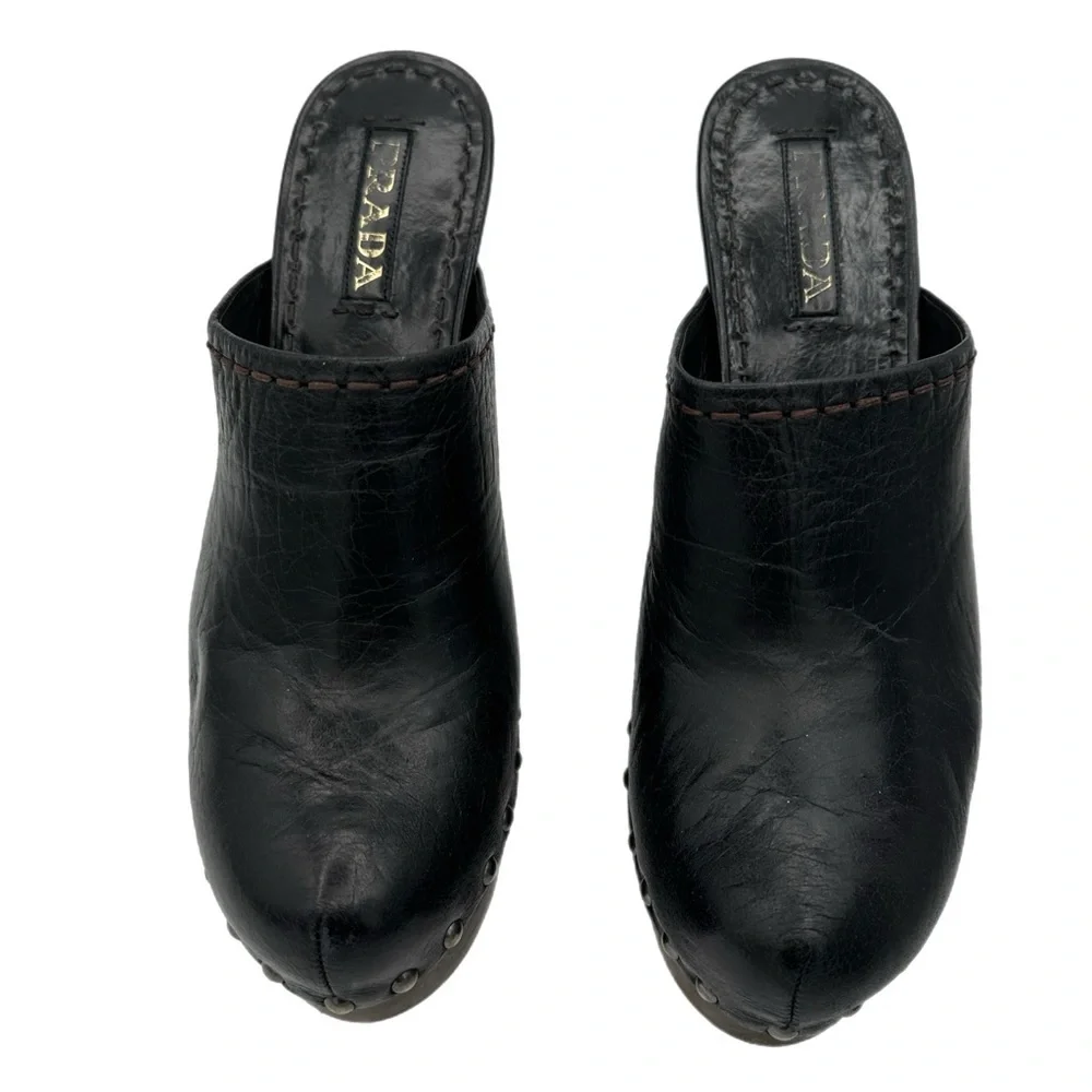 Prada Black Leather Mules with Distressed Wooden Heel – Size 39 EU - Picture 2 of 13